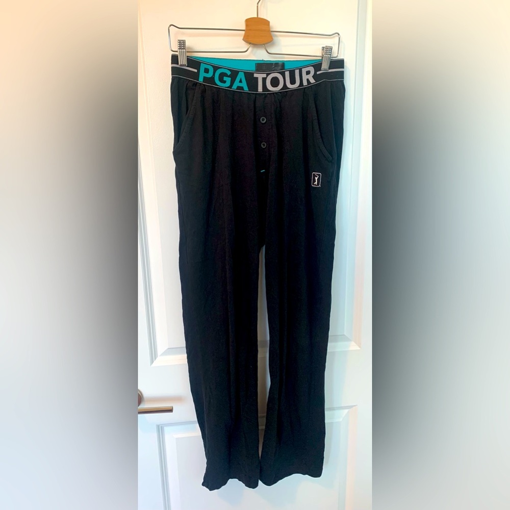 PGA TOUR Black Lounge Pants with Teal Logo Waistband